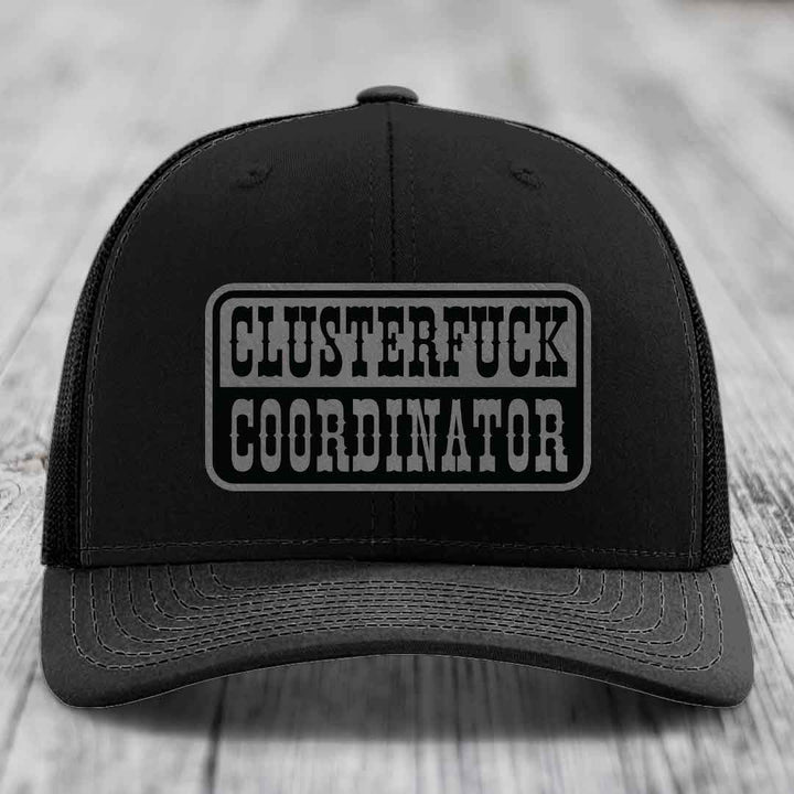Cluster F*ck Coordinator - Leather Patch Hat - Grey to Black Patch - Richardson 112 Snapback Trucker Hat