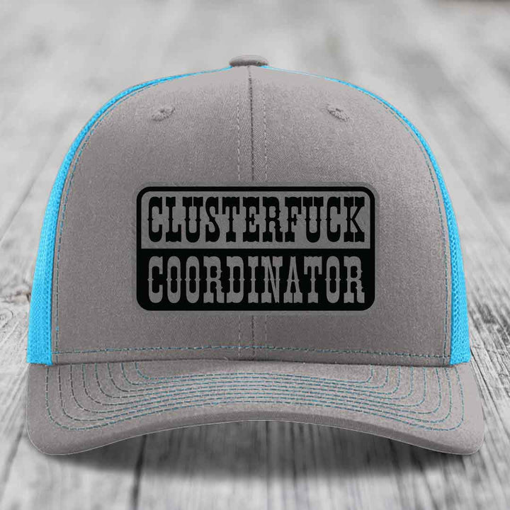 Cluster F*ck Coordinator - Leather Patch Hat - Grey to Black Patch - Richardson 112 Snapback Trucker Hat