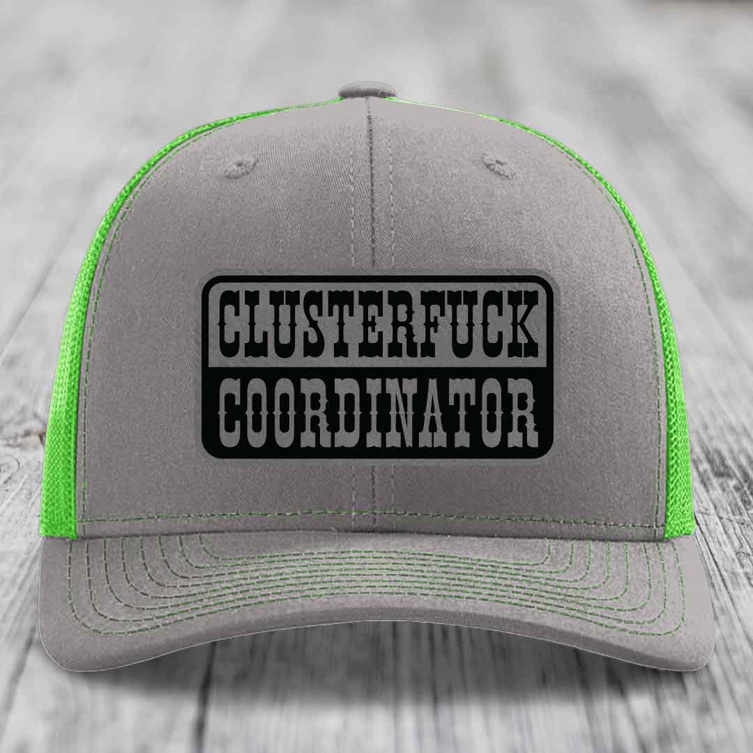 Cluster F*ck Coordinator - Leather Patch Hat - Grey to Black Patch - Richardson 112 Snapback Trucker Hat