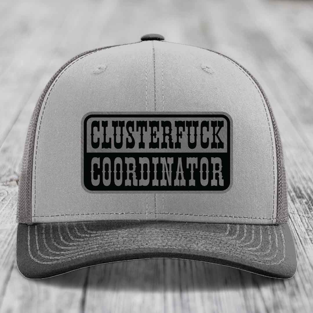 Cluster F*ck Coordinator - Leather Patch Hat - Grey to Black Patch - Richardson 112 Snapback Trucker Hat