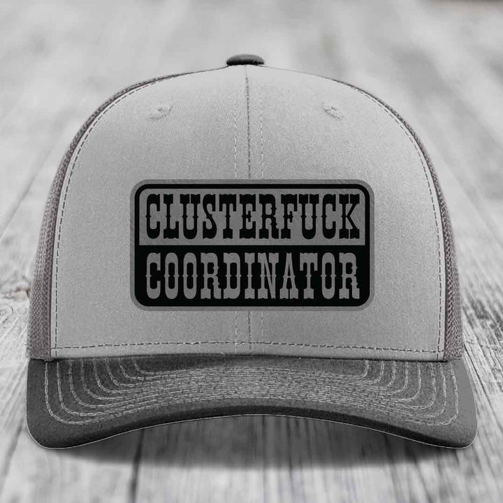 Cluster F*ck Coordinator - Leather Patch Hat - Grey to Black Patch - Richardson 112 Snapback Trucker Hat