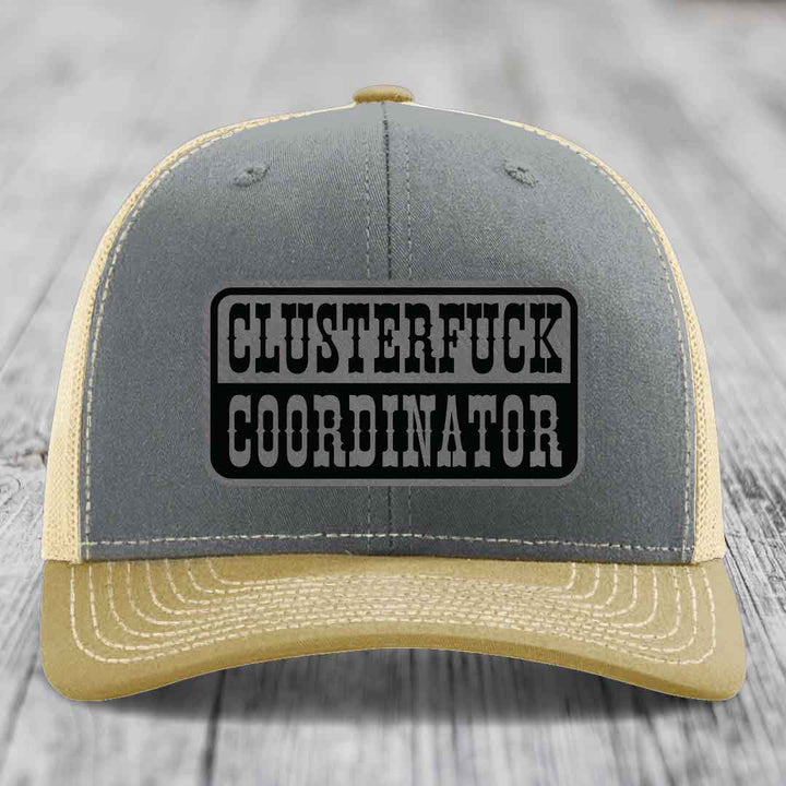 Cluster F*ck Coordinator - Leather Patch Hat - Grey to Black Patch - Richardson 112 Snapback Trucker Hat