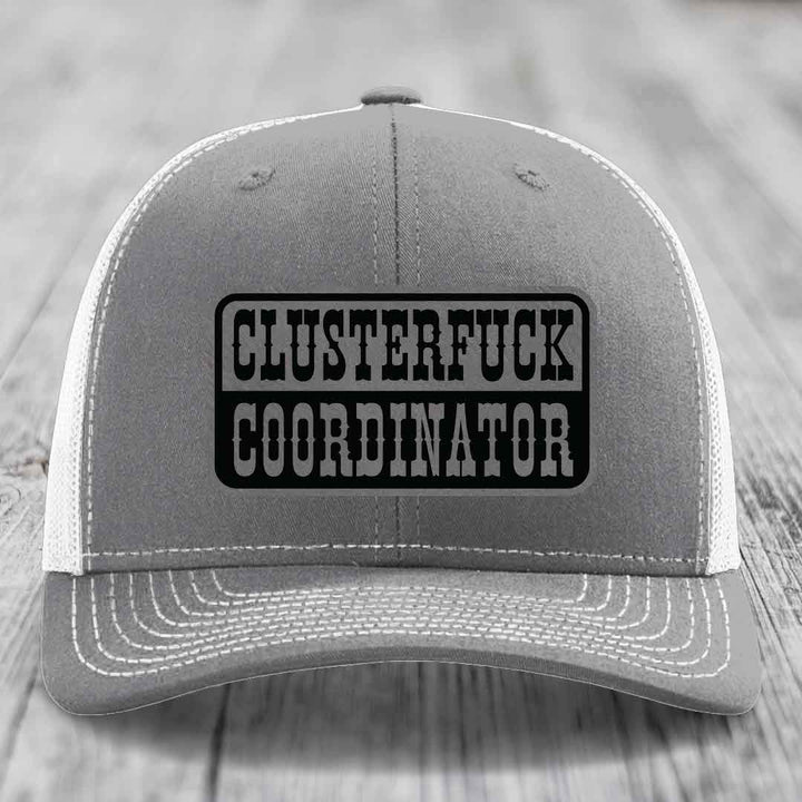 Cluster F*ck Coordinator - Leather Patch Hat - Grey to Black Patch - Richardson 112 Snapback Trucker Hat