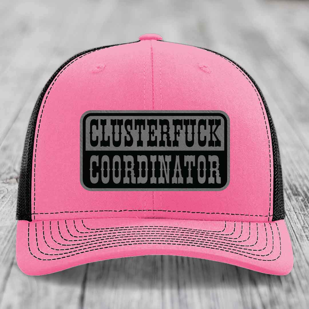 Cluster F*ck Coordinator - Leather Patch Hat - Grey to Black Patch - Richardson 112 Snapback Trucker Hat