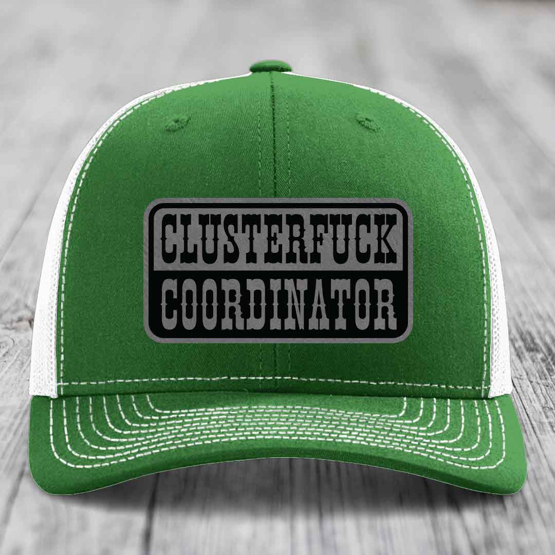 Cluster F*ck Coordinator - Leather Patch Hat - Grey to Black Patch - Richardson 112 Snapback Trucker Hat