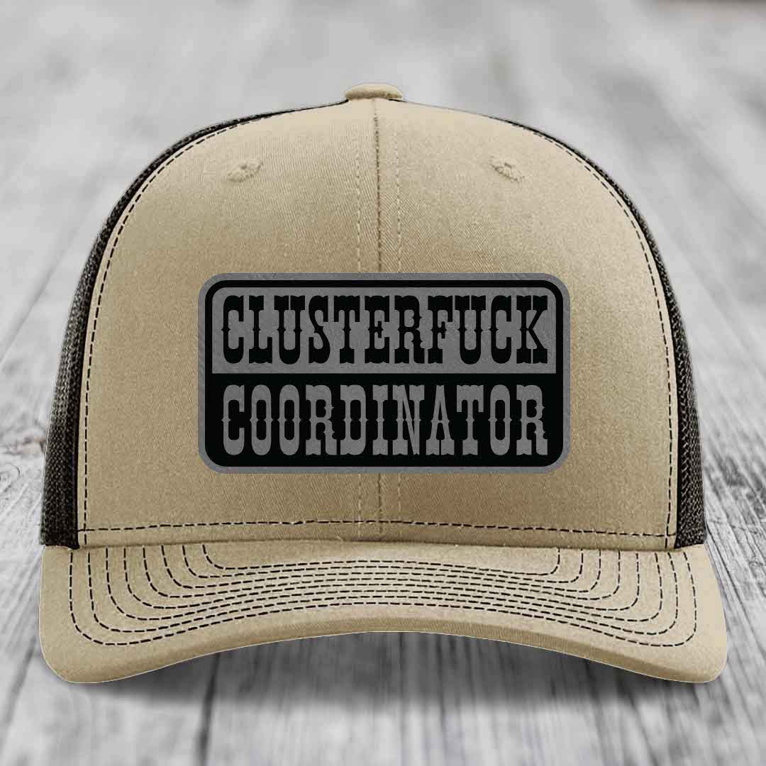 Cluster F*ck Coordinator - Leather Patch Hat - Grey to Black Patch - Richardson 112 Snapback Trucker Hat