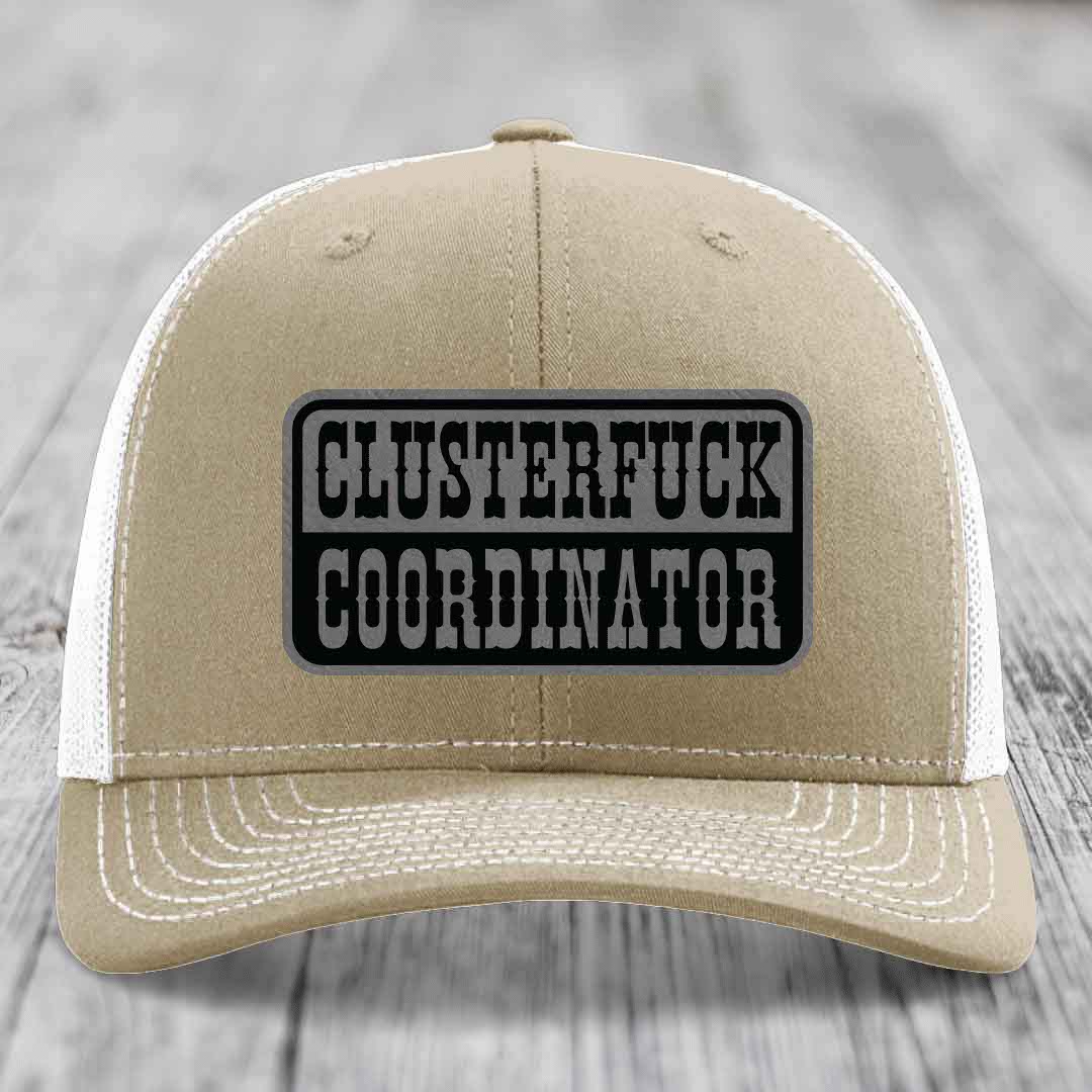 Cluster F*ck Coordinator - Leather Patch Hat - Grey to Black Patch - Richardson 112 Snapback Trucker Hat
