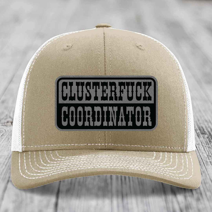 Cluster F*ck Coordinator - Leather Patch Hat - Grey to Black Patch - Richardson 112 Snapback Trucker Hat