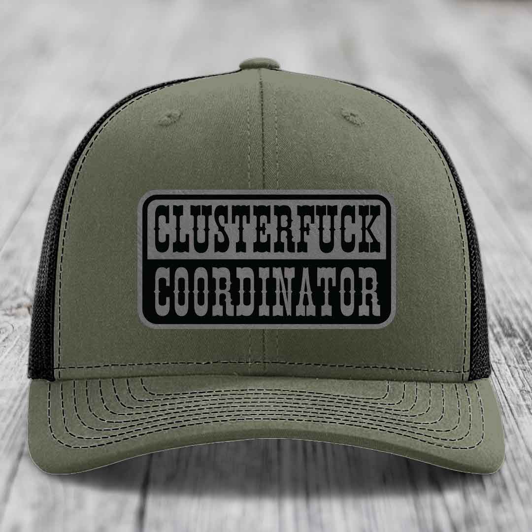 Cluster F*ck Coordinator - Leather Patch Hat - Grey to Black Patch - Richardson 112 Snapback Trucker Hat
