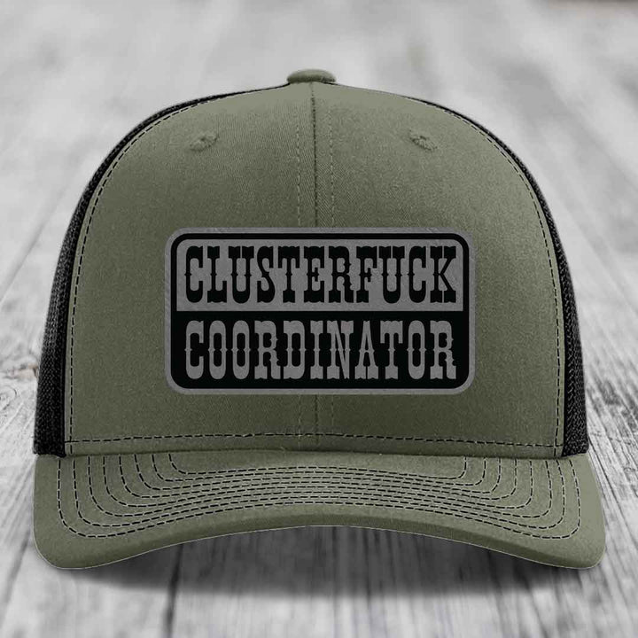 Cluster F*ck Coordinator - Leather Patch Hat - Grey to Black Patch - Richardson 112 Snapback Trucker Hat
