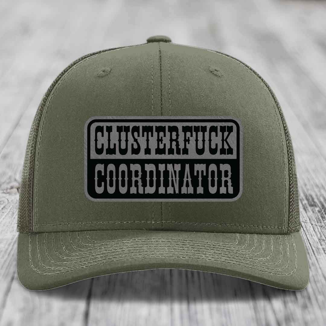 Cluster F*ck Coordinator - Leather Patch Hat - Grey to Black Patch - Richardson 112 Snapback Trucker Hat