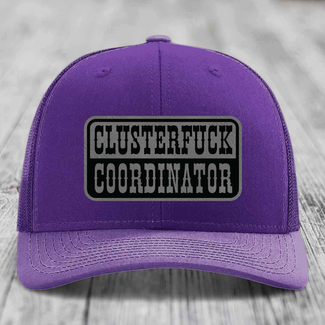 Cluster F*ck Coordinator - Leather Patch Hat - Grey to Black Patch - Richardson 112 Snapback Trucker Hat