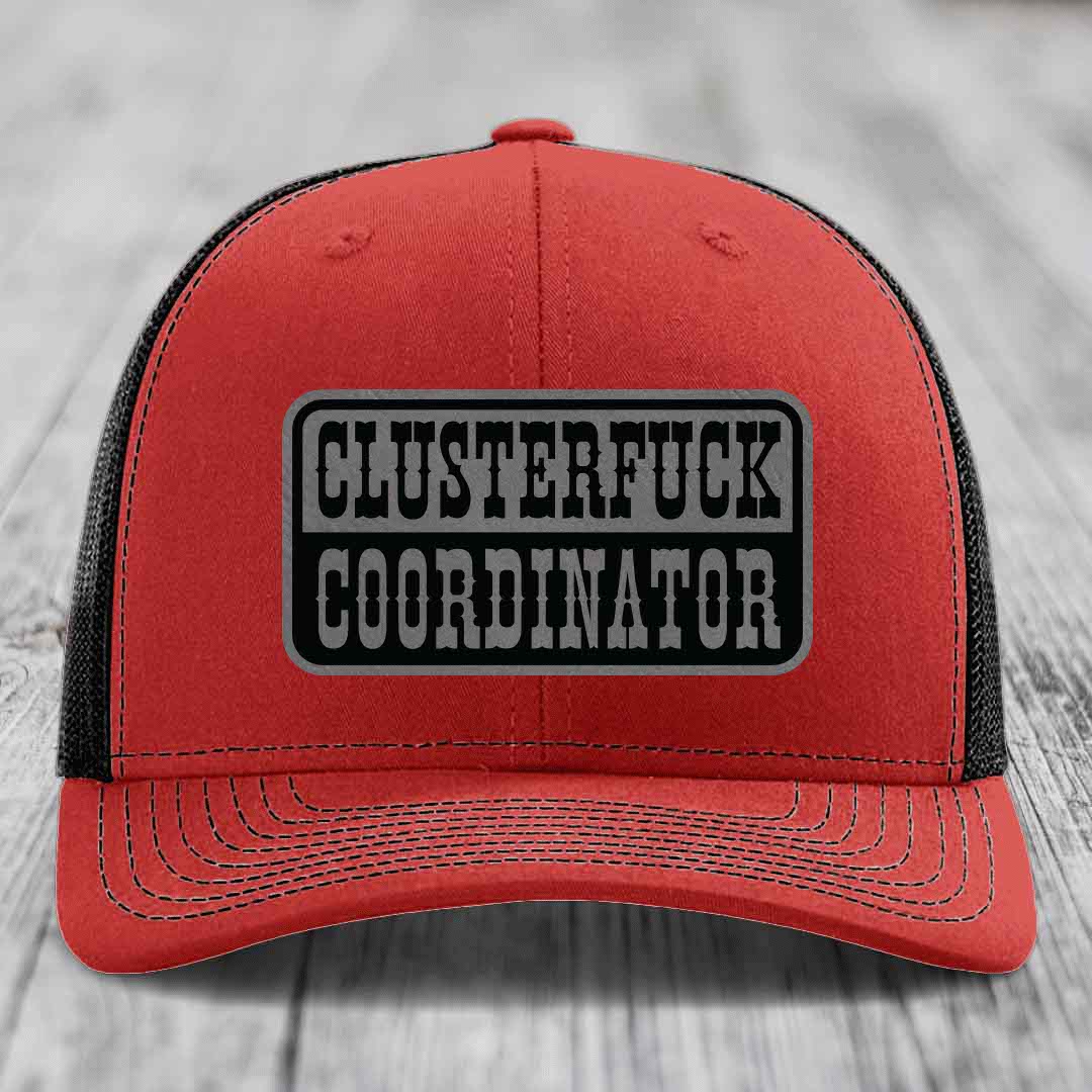 Cluster F*ck Coordinator - Leather Patch Hat - Grey to Black Patch - Richardson 112 Snapback Trucker Hat