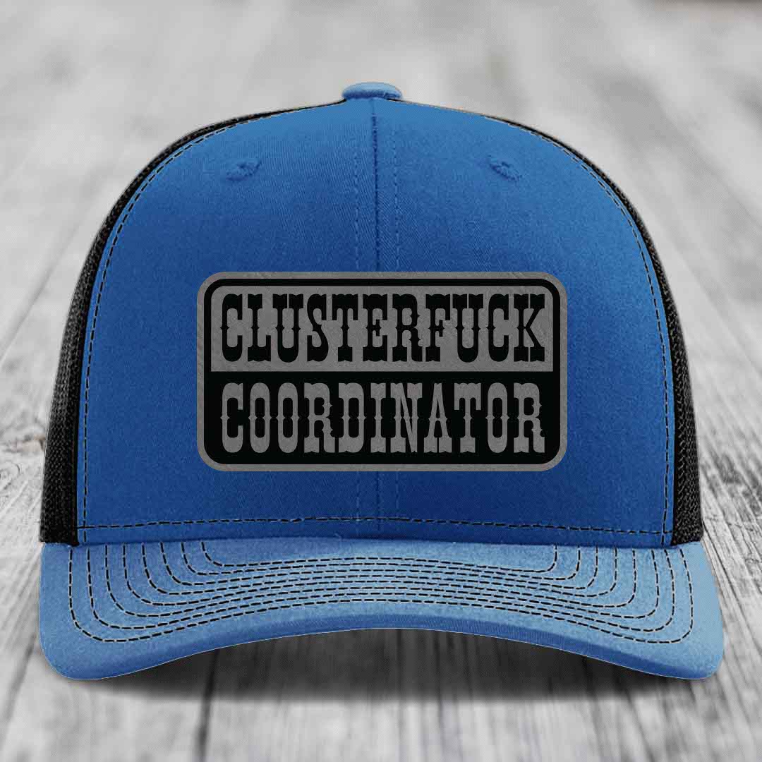 Cluster F*ck Coordinator - Leather Patch Hat - Grey to Black Patch - Richardson 112 Snapback Trucker Hat