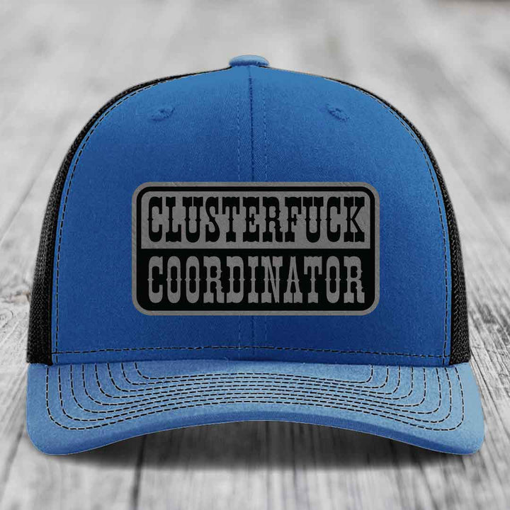 Cluster F*ck Coordinator - Leather Patch Hat - Grey to Black Patch - Richardson 112 Snapback Trucker Hat