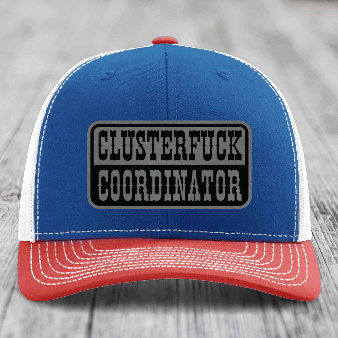 Cluster F*ck Coordinator - Leather Patch Hat - Grey to Black Patch - Richardson 112 Snapback Trucker Hat