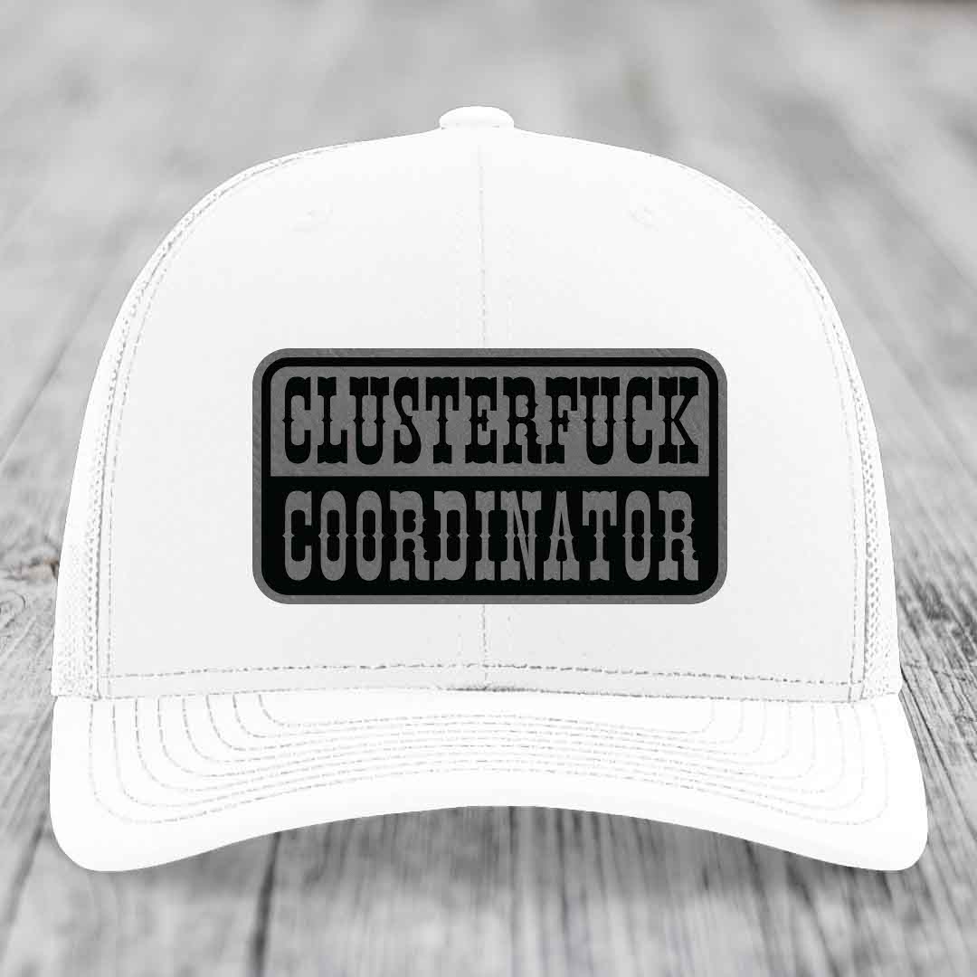 Cluster F*ck Coordinator - Leather Patch Hat - Grey to Black Patch - Richardson 112 Snapback Trucker Hat