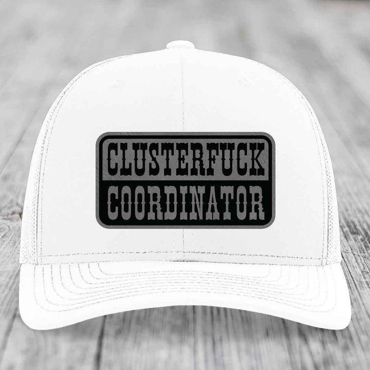 Cluster F*ck Coordinator - Leather Patch Hat - Grey to Black Patch - Richardson 112 Snapback Trucker Hat