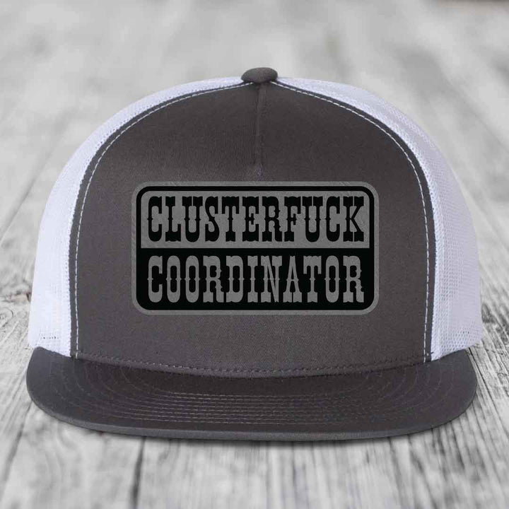 Cluster F*ck Coordinator - Leather Patch Hat - Grey to Black Patch - Yupoong 6006 Snapback Flatbill Hat