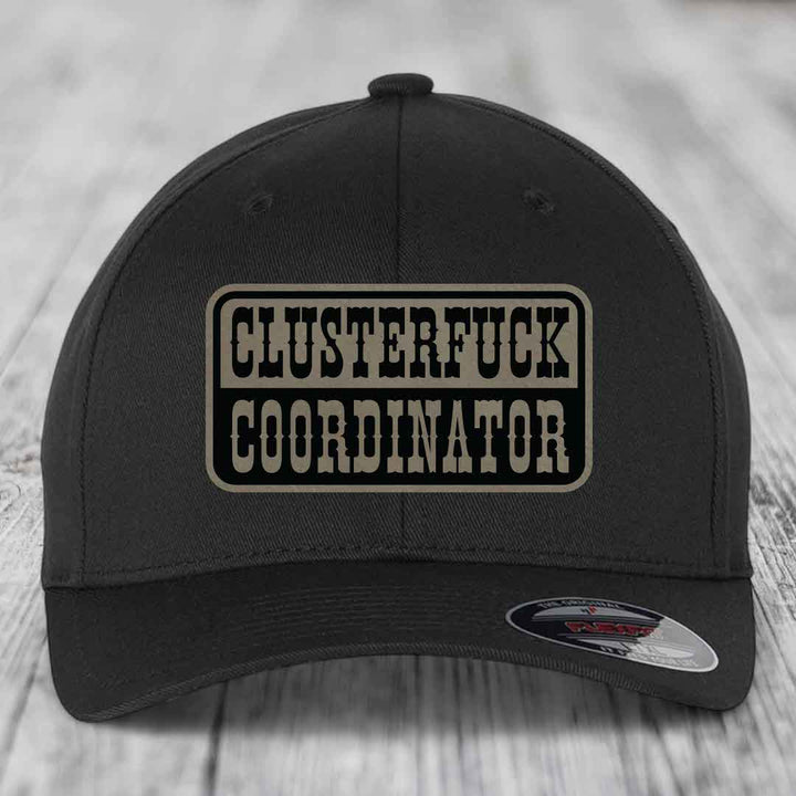 Cluster F*ck Coordinator - Leather Patch Hat - Light Brown to Black Patch - Flexfit 6277 Fitted Hat