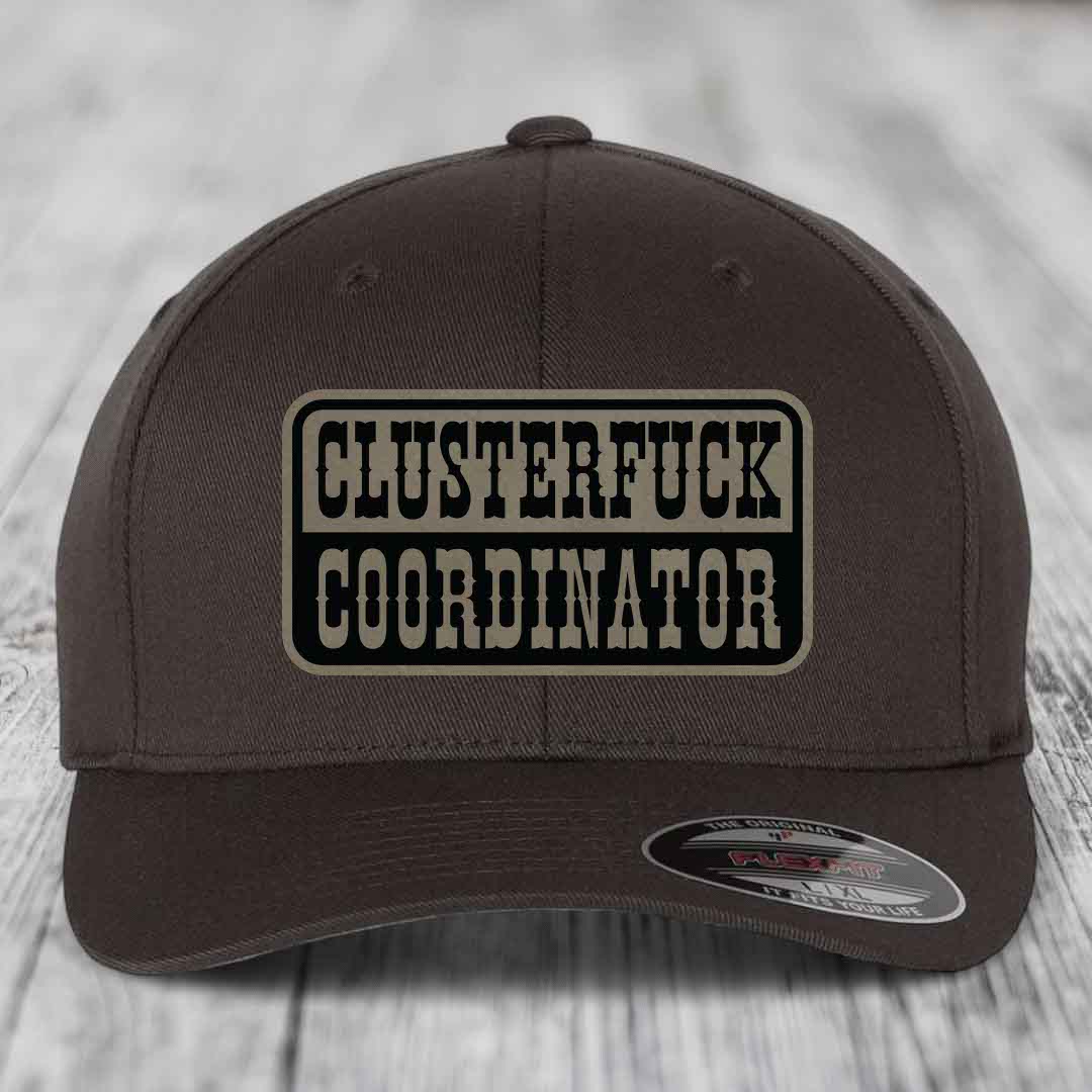 Cluster F*ck Coordinator - Leather Patch Hat - Light Brown to Black Patch - Flexfit 6277 Fitted Hat
