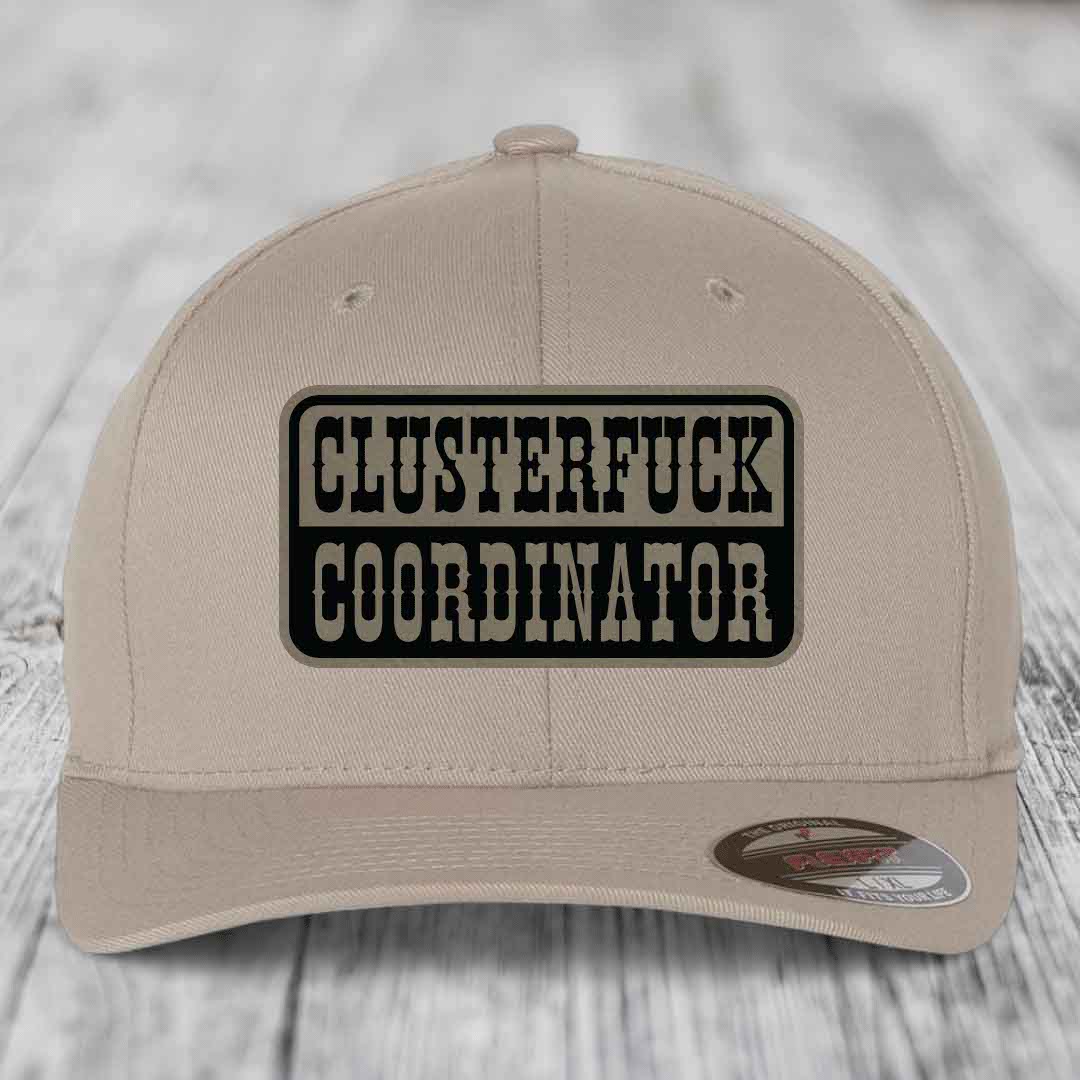 Cluster F*ck Coordinator - Leather Patch Hat - Light Brown to Black Patch - Flexfit 6277 Fitted Hat
