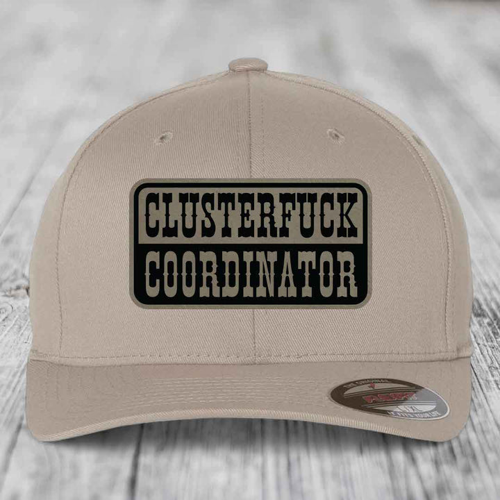 Cluster F*ck Coordinator - Leather Patch Hat - Light Brown to Black Patch - Flexfit 6277 Fitted Hat