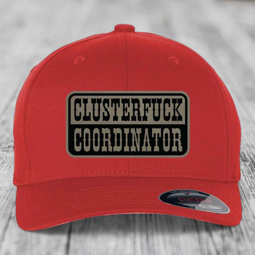 Cluster F*ck Coordinator - Leather Patch Hat - Light Brown to Black Patch - Flexfit 6277 Fitted Hat
