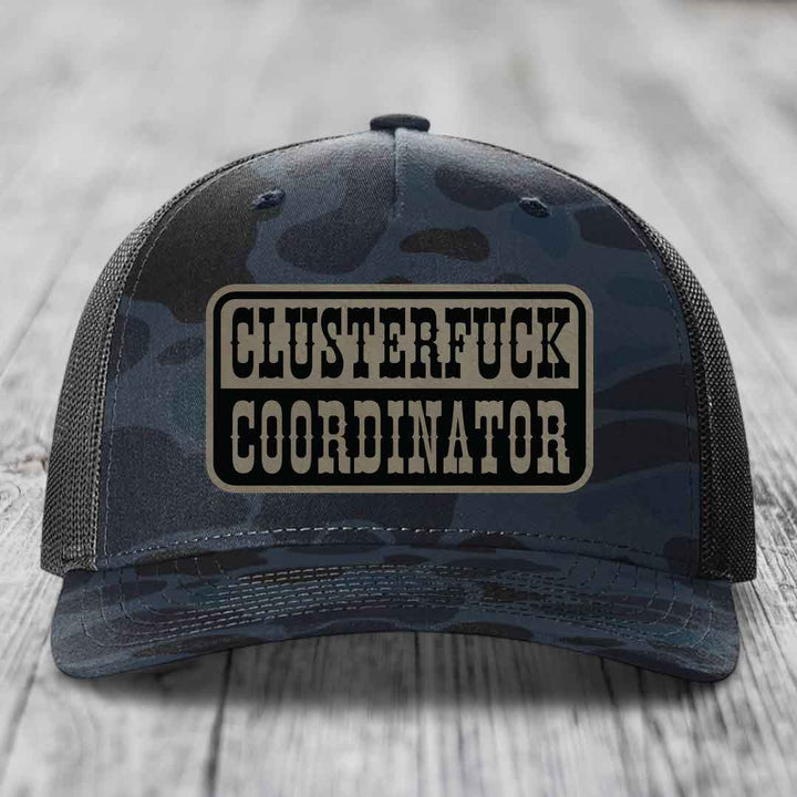Cluster F*ck Coordinator - Leather Patch Hat - Light Brown to Black Patch - Richardson 112PFP Snapback Trucker Hat