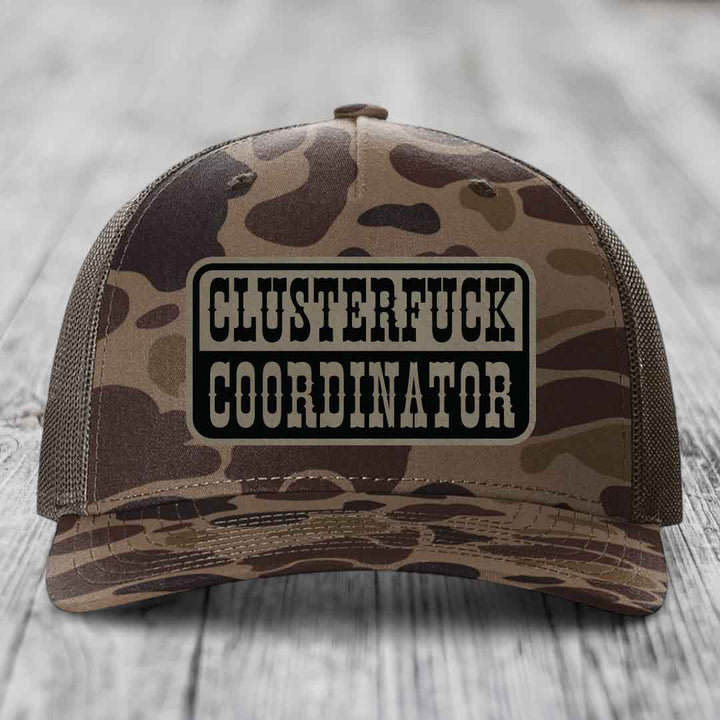 Cluster F*ck Coordinator - Leather Patch Hat - Light Brown to Black Patch - Richardson 112PFP Snapback Trucker Hat