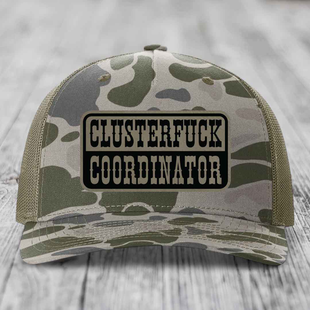 Cluster F*ck Coordinator - Leather Patch Hat - Light Brown to Black Patch - Richardson 112PFP Snapback Trucker Hat