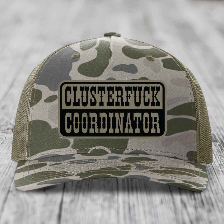 Cluster F*ck Coordinator - Leather Patch Hat - Light Brown to Black Patch - Richardson 112PFP Snapback Trucker Hat