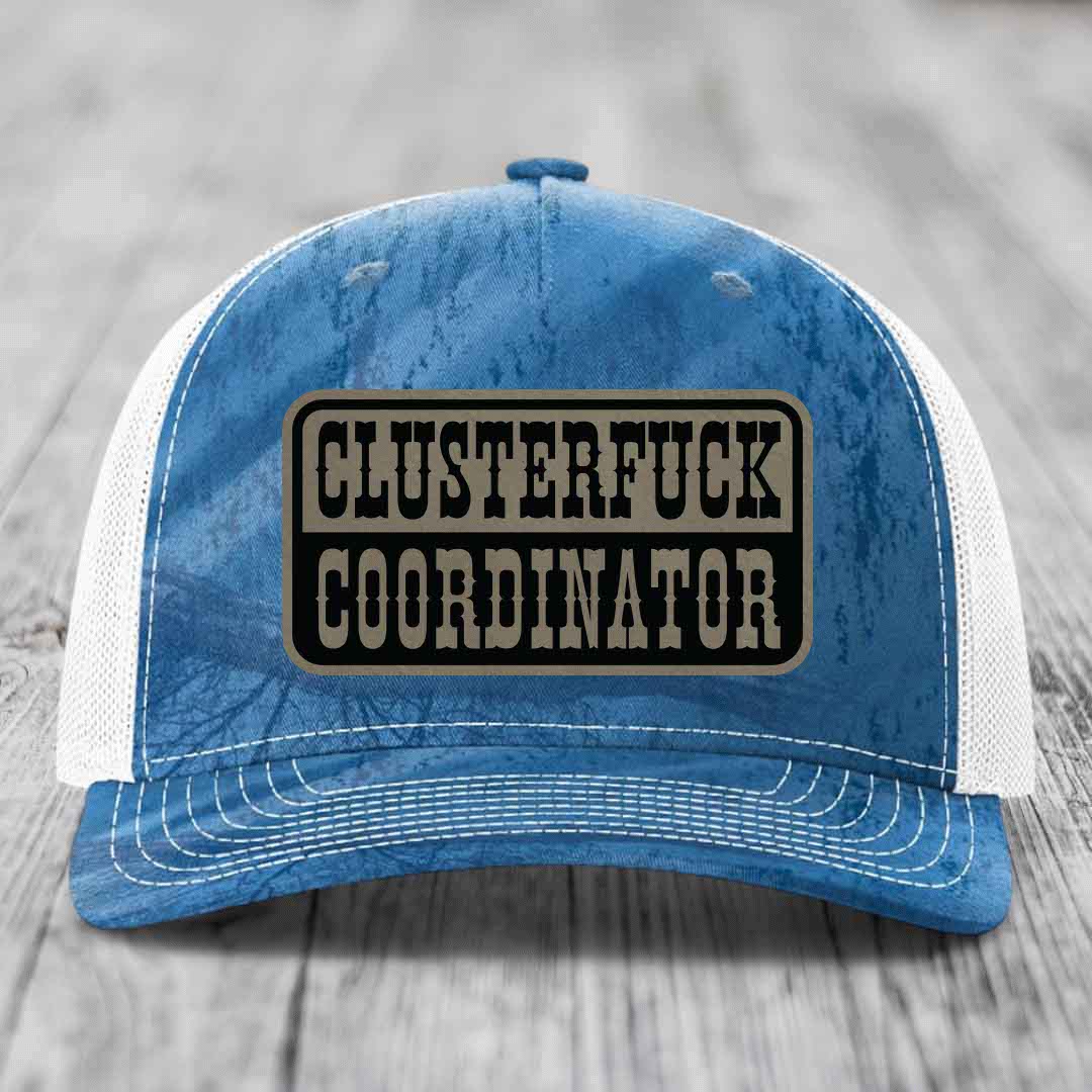 Cluster F*ck Coordinator - Leather Patch Hat - Light Brown to Black Patch - Richardson 112PFP Snapback Trucker Hat