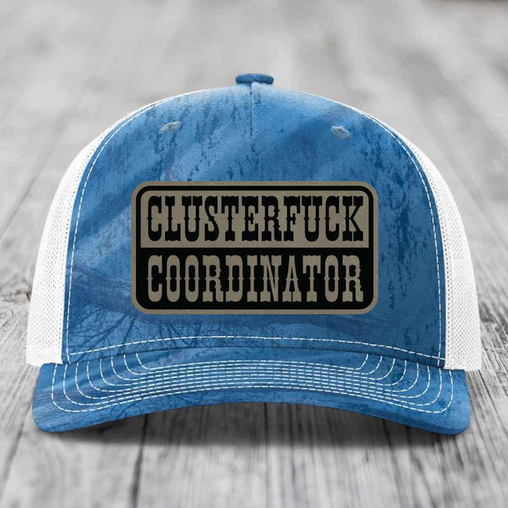 Cluster F*ck Coordinator - Leather Patch Hat - Light Brown to Black Patch - Richardson 112PFP Snapback Trucker Hat