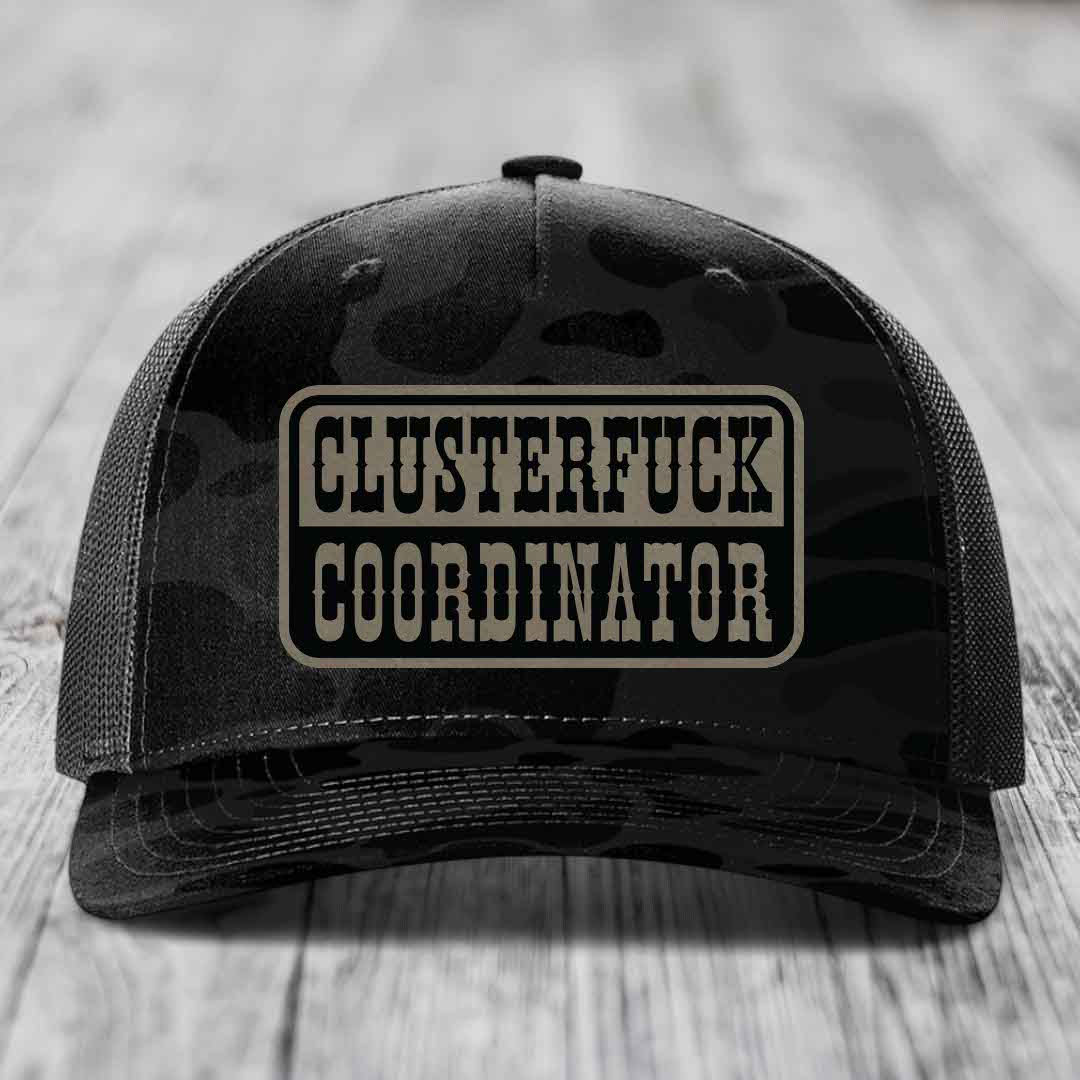 Cluster F*ck Coordinator - Leather Patch Hat - Light Brown to Black Patch - Richardson 112PFP Snapback Trucker Hat