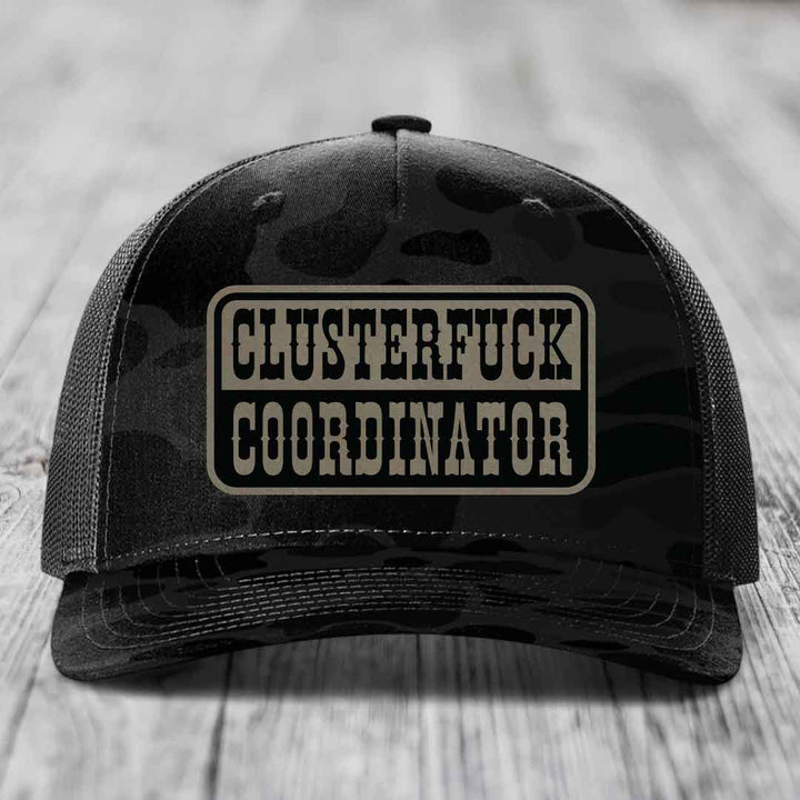 Cluster F*ck Coordinator - Leather Patch Hat - Light Brown to Black Patch - Richardson 112PFP Snapback Trucker Hat