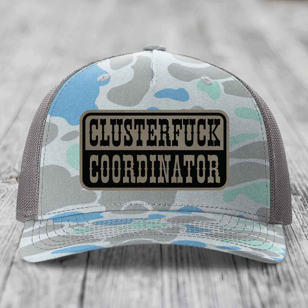 Cluster F*ck Coordinator - Leather Patch Hat - Light Brown to Black Patch - Richardson 112PFP Snapback Trucker Hat