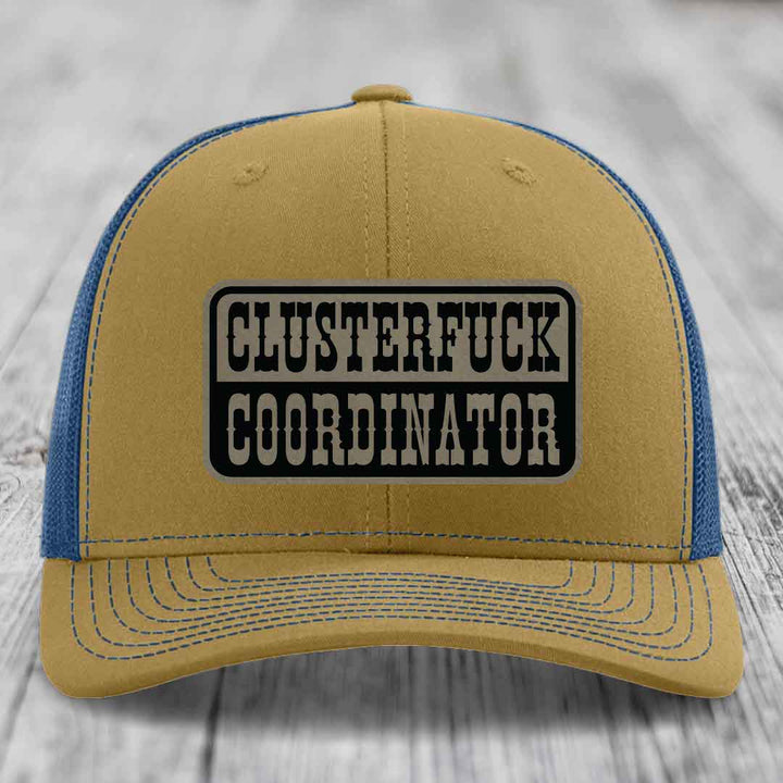 Cluster F*ck Coordinator - Leather Patch Hat - Light Brown to Black Patch - Richardson 112 Snapback Trucker Hat