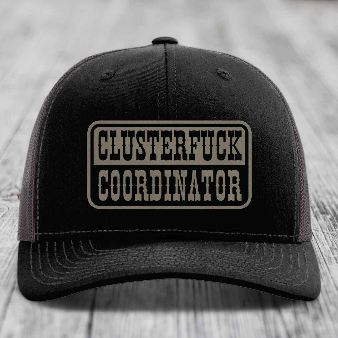 Cluster F*ck Coordinator - Leather Patch Hat - Light Brown to Black Patch - Richardson 112 Snapback Trucker Hat