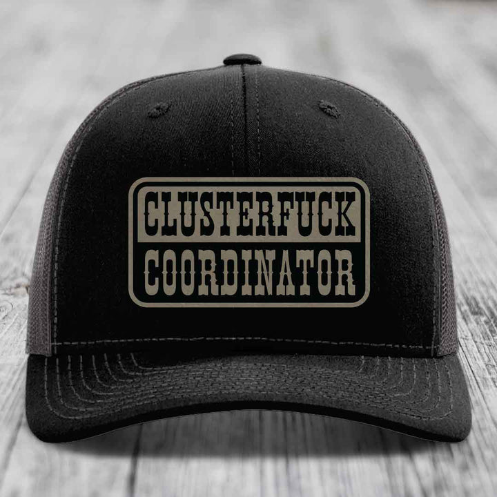 Cluster F*ck Coordinator - Leather Patch Hat - Light Brown to Black Patch - Richardson 112 Snapback Trucker Hat