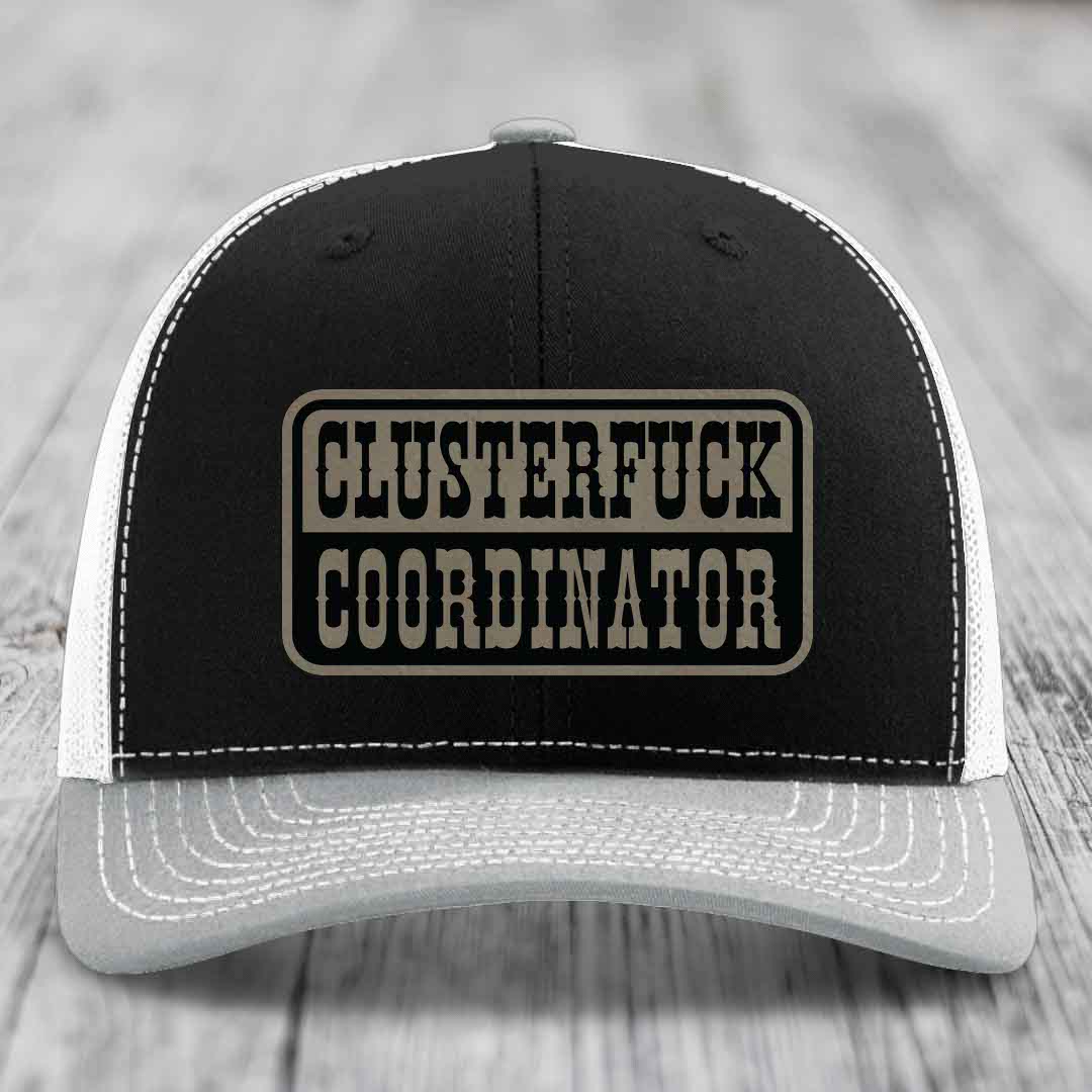 Cluster F*ck Coordinator - Leather Patch Hat - Light Brown to Black Patch - Richardson 112 Snapback Trucker Hat