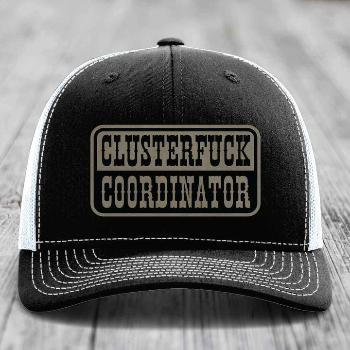 Cluster F*ck Coordinator - Leather Patch Hat - Light Brown to Black Patch - Richardson 112 Snapback Trucker Hat
