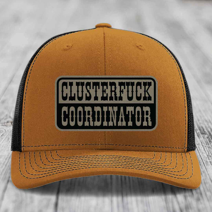 Cluster F*ck Coordinator - Leather Patch Hat - Light Brown to Black Patch - Richardson 112 Snapback Trucker Hat