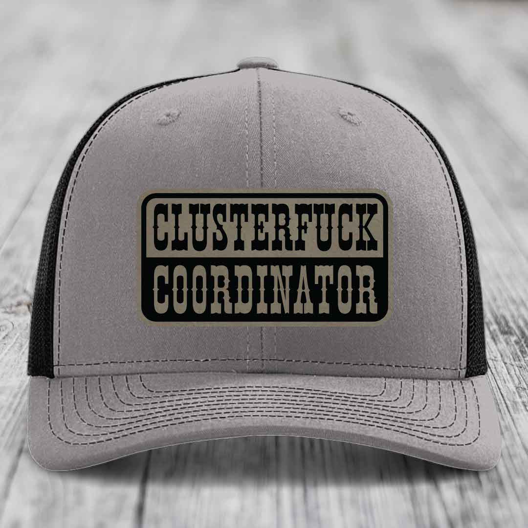 Cluster F*ck Coordinator - Leather Patch Hat - Light Brown to Black Patch - Richardson 112 Snapback Trucker Hat