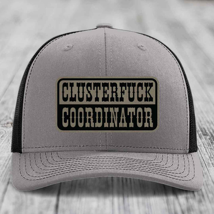 Cluster F*ck Coordinator - Leather Patch Hat - Light Brown to Black Patch - Richardson 112 Snapback Trucker Hat