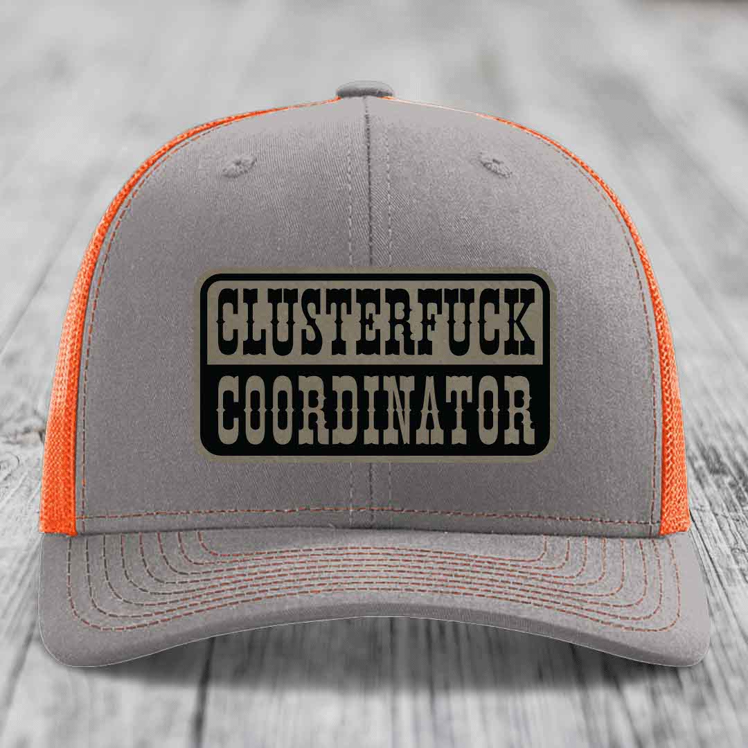 Cluster F*ck Coordinator - Leather Patch Hat - Light Brown to Black Patch - Richardson 112 Snapback Trucker Hat