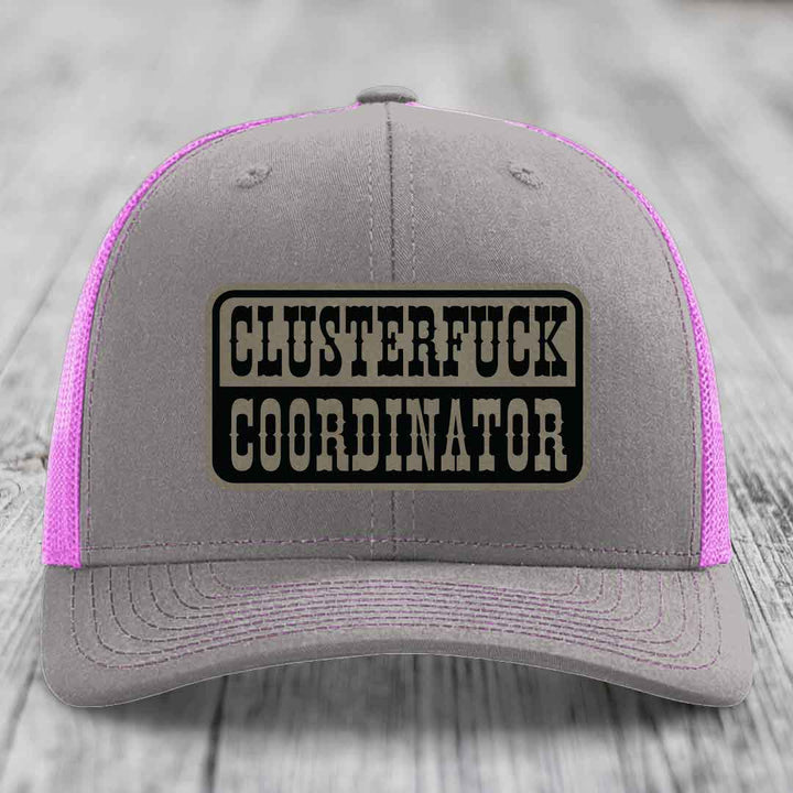 Cluster F*ck Coordinator - Leather Patch Hat - Light Brown to Black Patch - Richardson 112 Snapback Trucker Hat