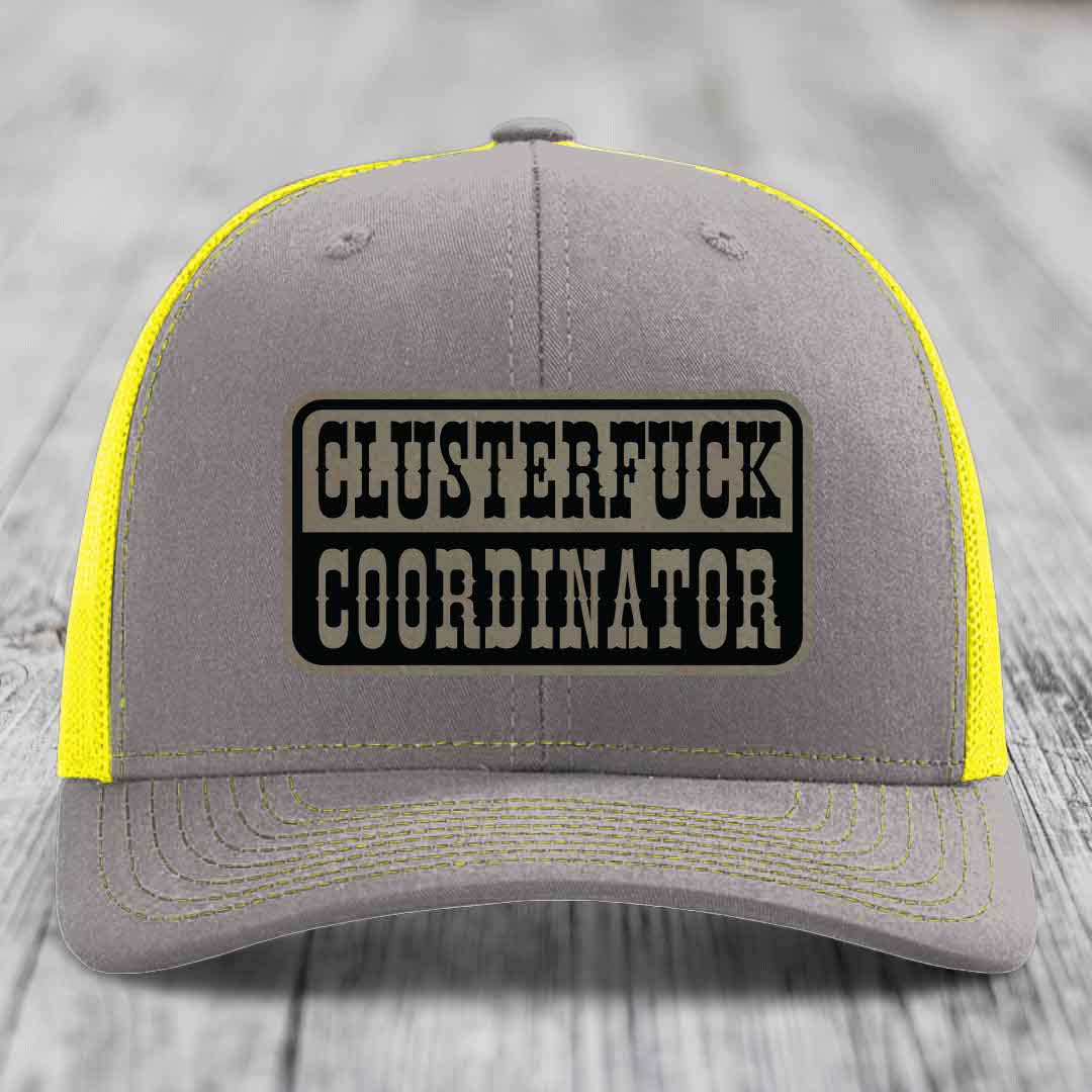 Cluster F*ck Coordinator - Leather Patch Hat - Light Brown to Black Patch - Richardson 112 Snapback Trucker Hat
