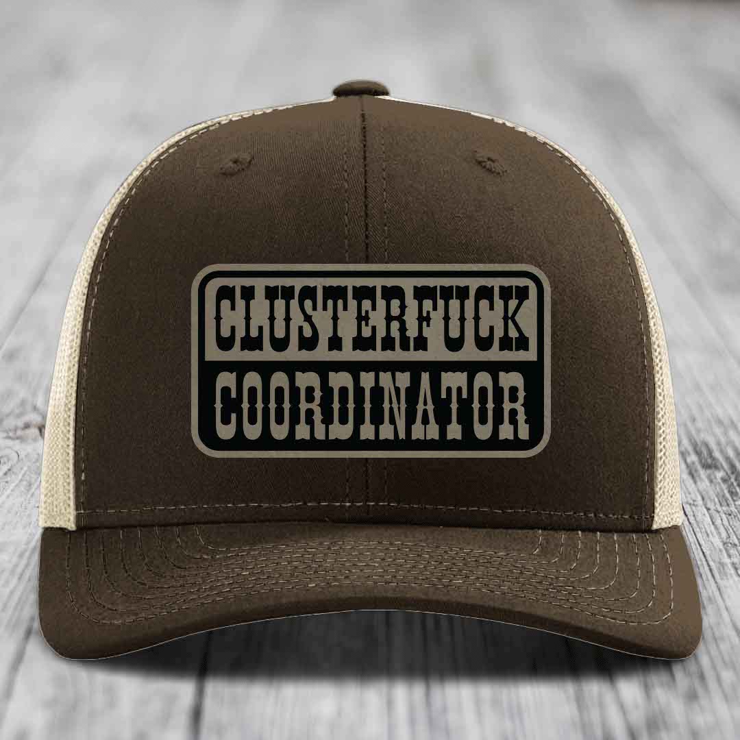 Cluster F*ck Coordinator - Leather Patch Hat - Light Brown to Black Patch - Richardson 112 Snapback Trucker Hat