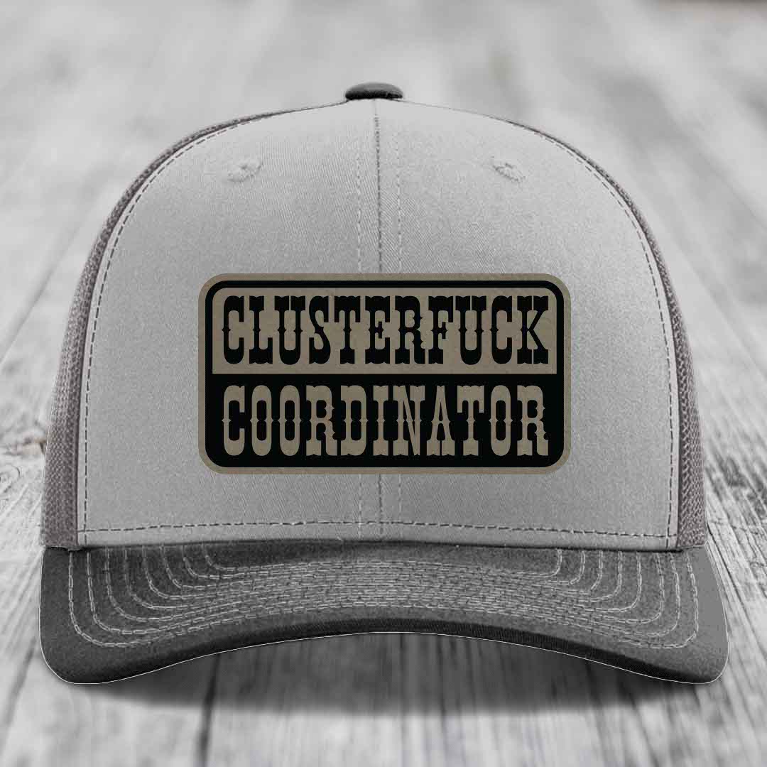 Cluster F*ck Coordinator - Leather Patch Hat - Light Brown to Black Patch - Richardson 112 Snapback Trucker Hat